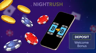 Smartphone with an animated Bitcoin transfer for a casino deposit and Welcome Bonus.