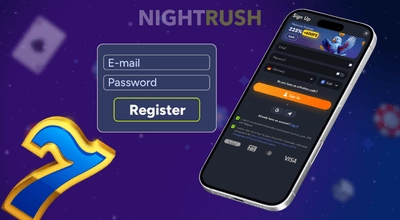 NightRush casino registration form with email and password fields alongside mobile casino bonus offer screen