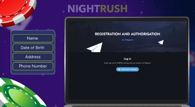 NightRush registration and authorisation page with sign up form including name, date of birth, address, and phone number