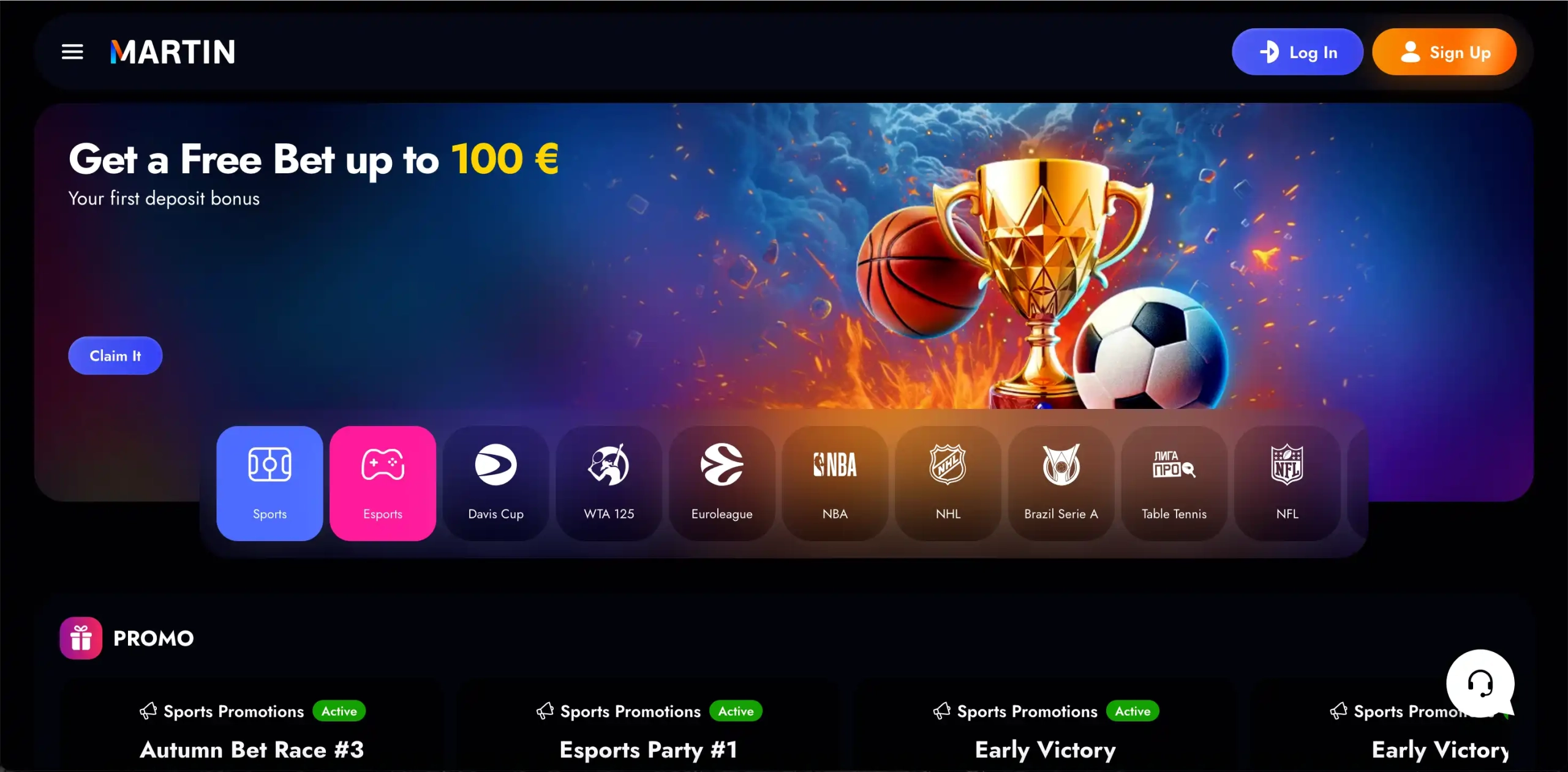 “Martin betting site homepage banner offering a free bet up to €100 with sports categories like esports, NBA, NHL, and NFL.”