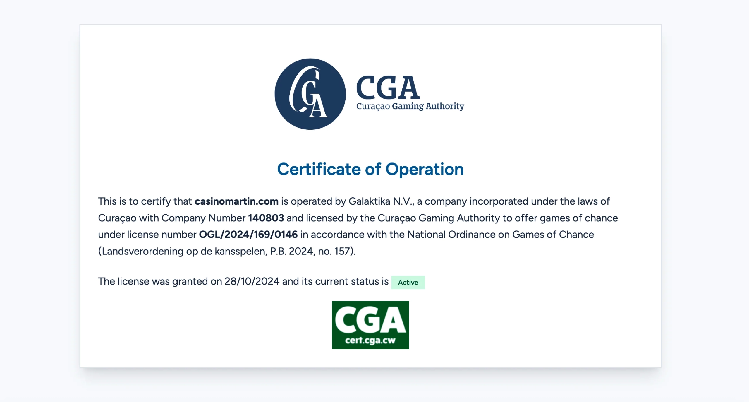 Curacao Gaming Authority certificate showing an active license for casinomartin.com.
