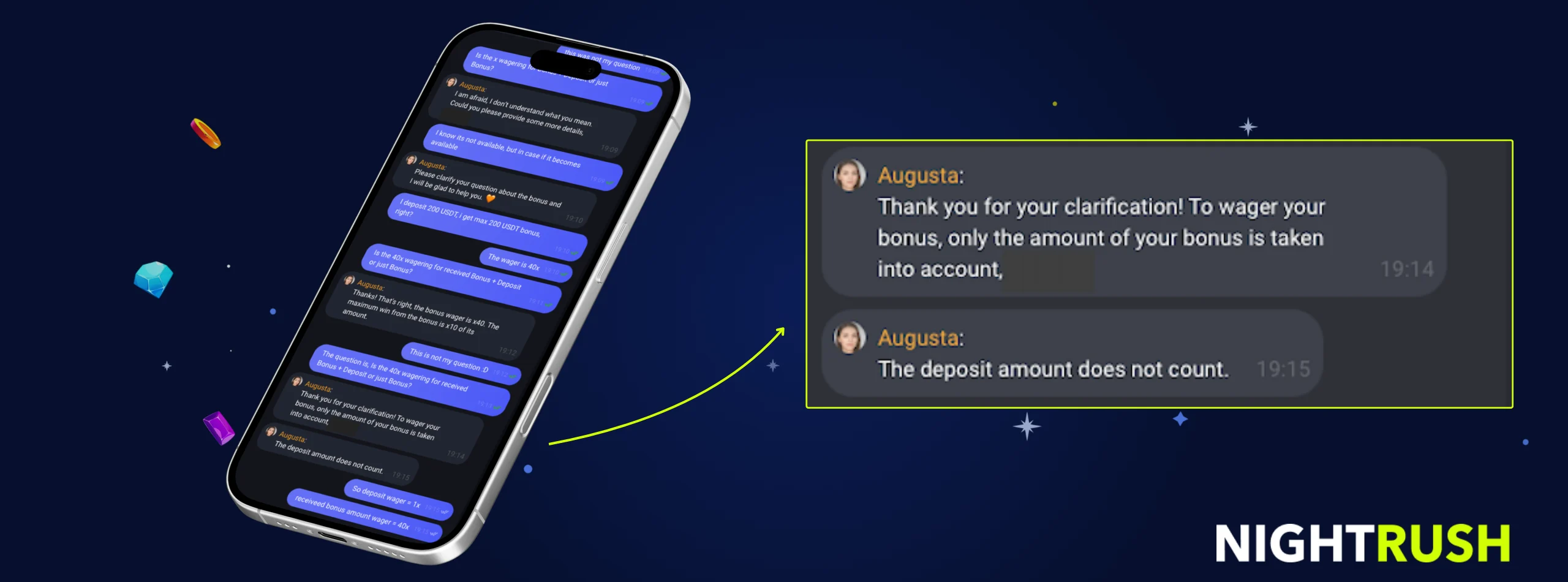 Chat logs confirming that wagering requirements apply only to the bonus, not the deposit.