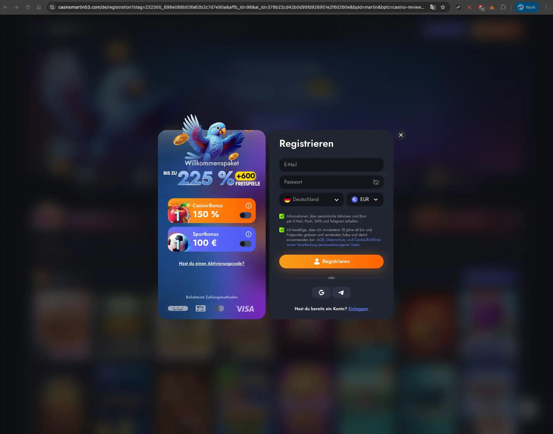 Martin casino sign-up screen