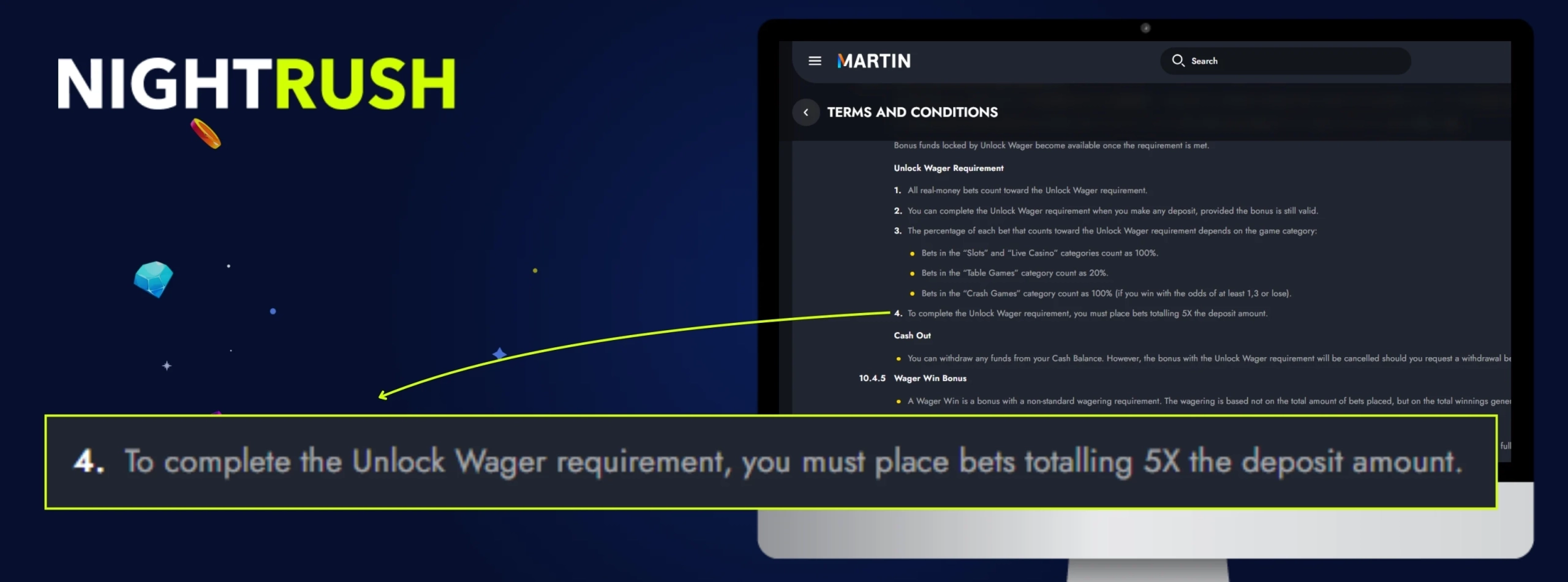 Screenshot of terms stating the 5x deposit wagering requirement to unlock a bonus at Martin Casino.