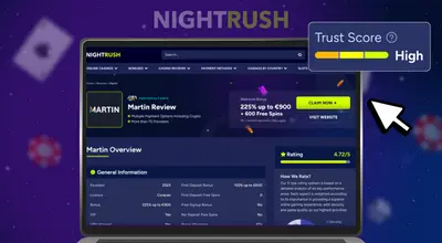 A casino review page on a laptop showing a High Trust Score.