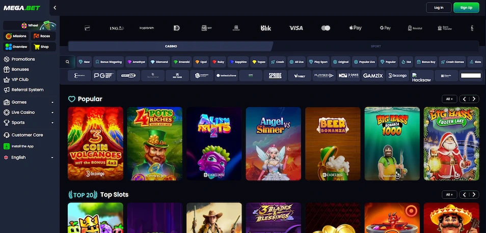 Mega.bet Casino homepage screen.