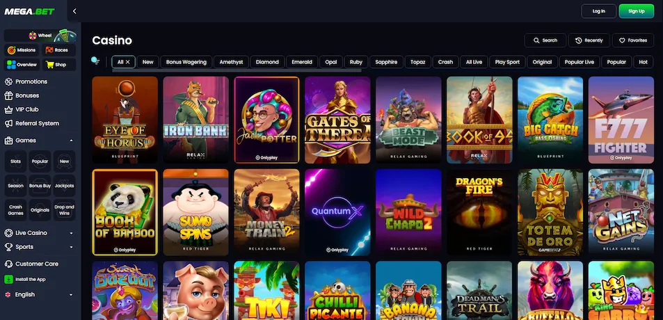 Mega.bet Casino slot games page.