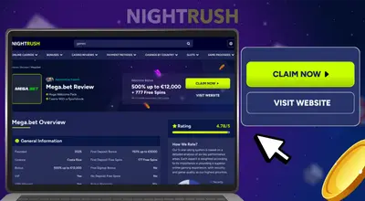 A laptop screen displays a detailed Mega.bet review with a 4.78/5 rating and a bright green Claim Now button prominently featured.