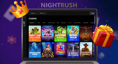 Laptop screen showing casino slot games next to a crown and a large gift box.