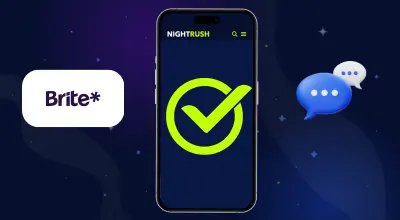 A phone with a check mark and the Brite logo and chat bubbles next to it on a blue background.
