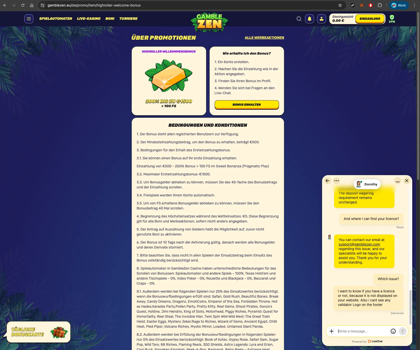 GambleZEN bonus screen with live chat