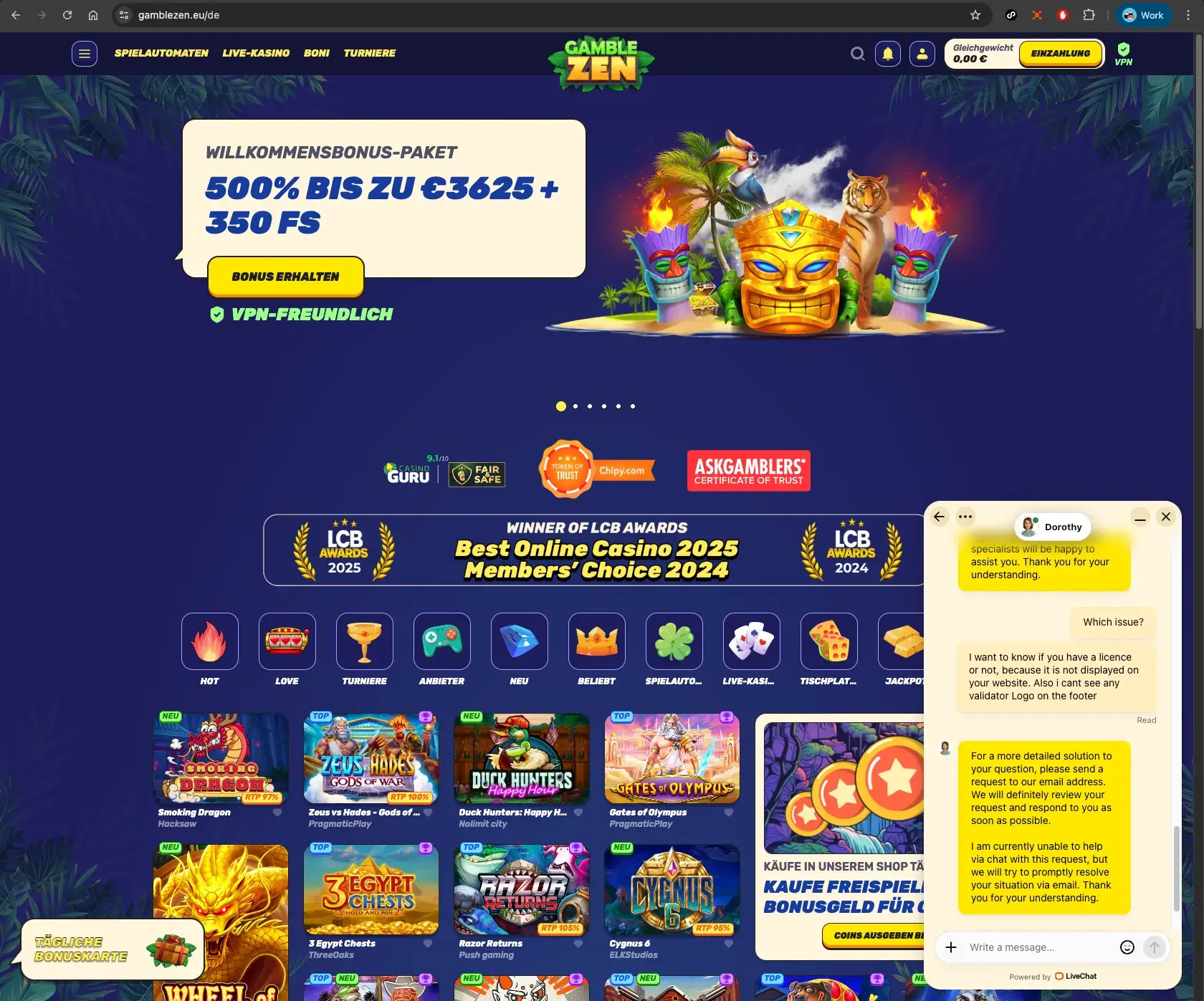 GambleZEN casino homepage screen with live chat