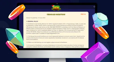 Laptop shows Gamblezen Casino's terms and conditions.
