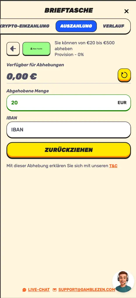 GambleZEN casino mobile withdraw screen