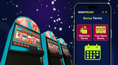 Bonus terms, a calendar and bonuses on a phone with slot machines and snow against a navy setting.