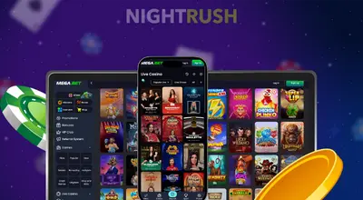 A collection of devices shows the Mega.bet Live Casino lobby with various live dealer game titles.