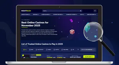 Nightrush casino page on a laptop and a magnifying glass on a blue background.