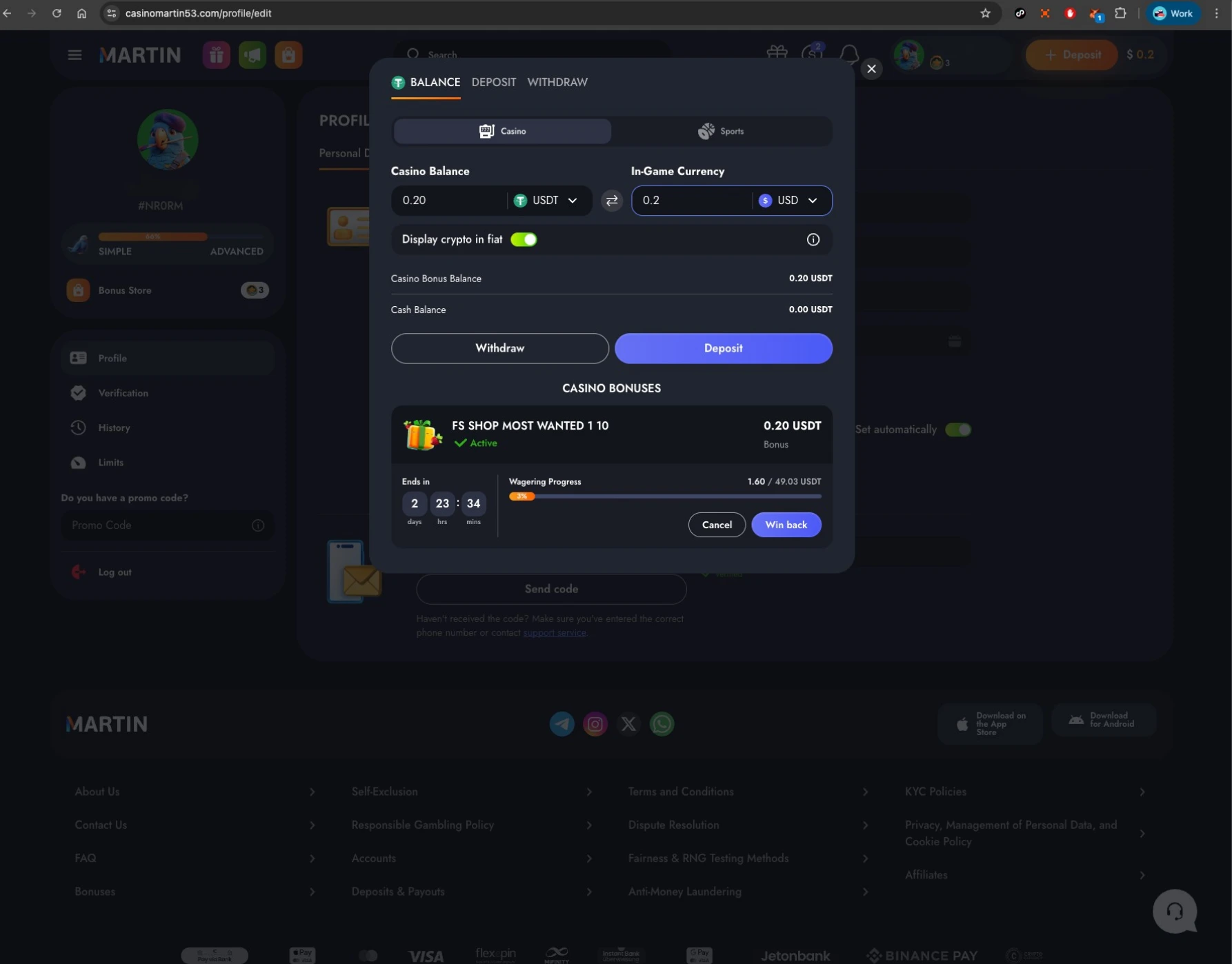 Martin casino balance screen