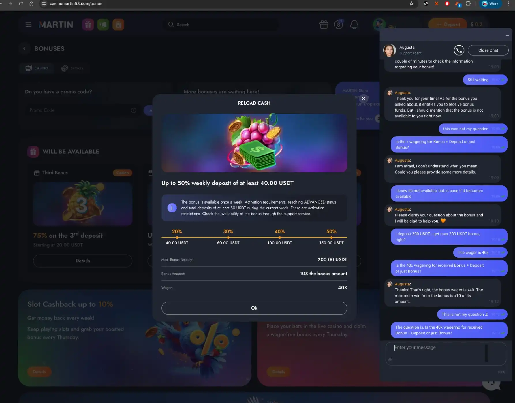 Martin casino bonus screen with live chat