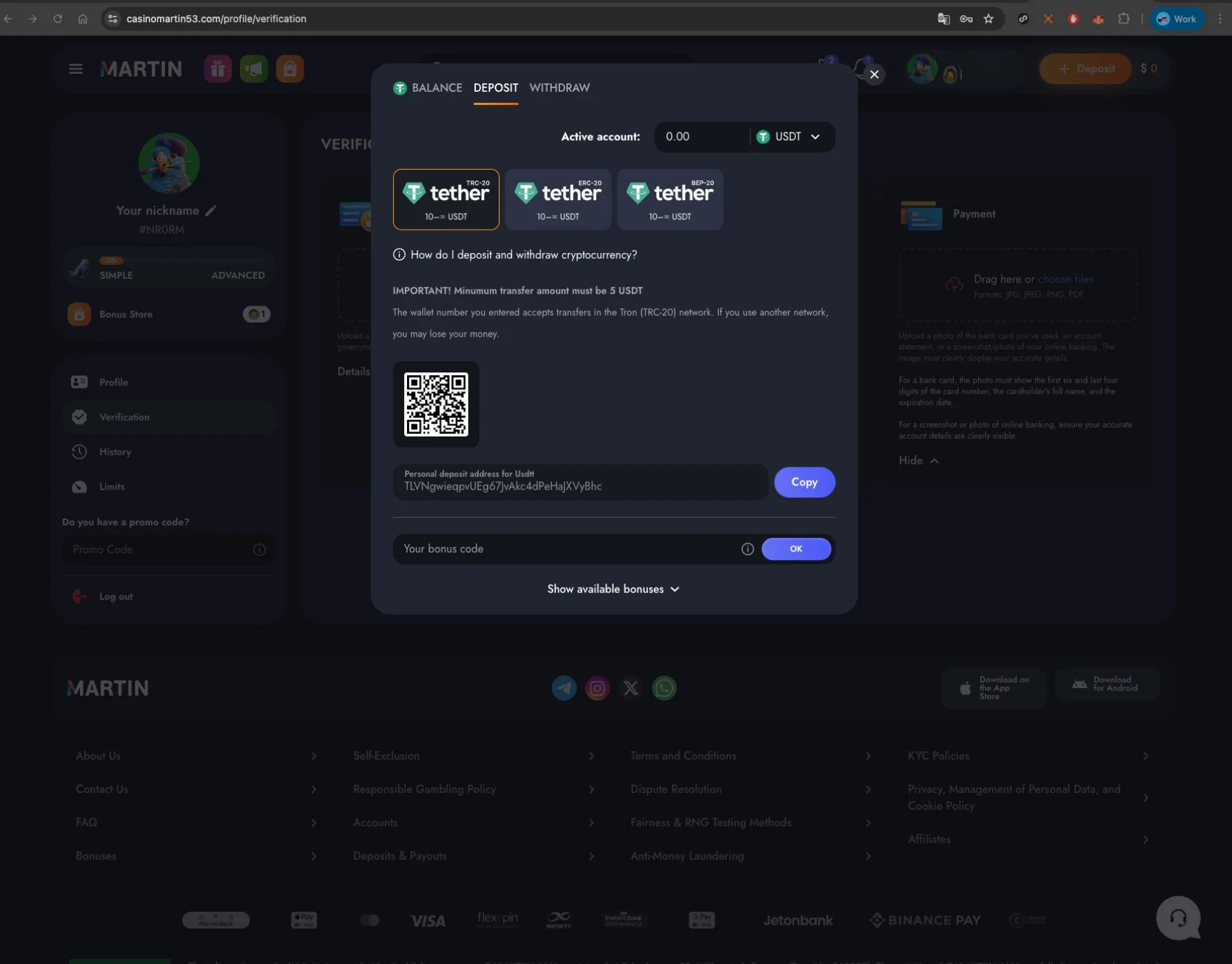 Martin casino deposit methods screen