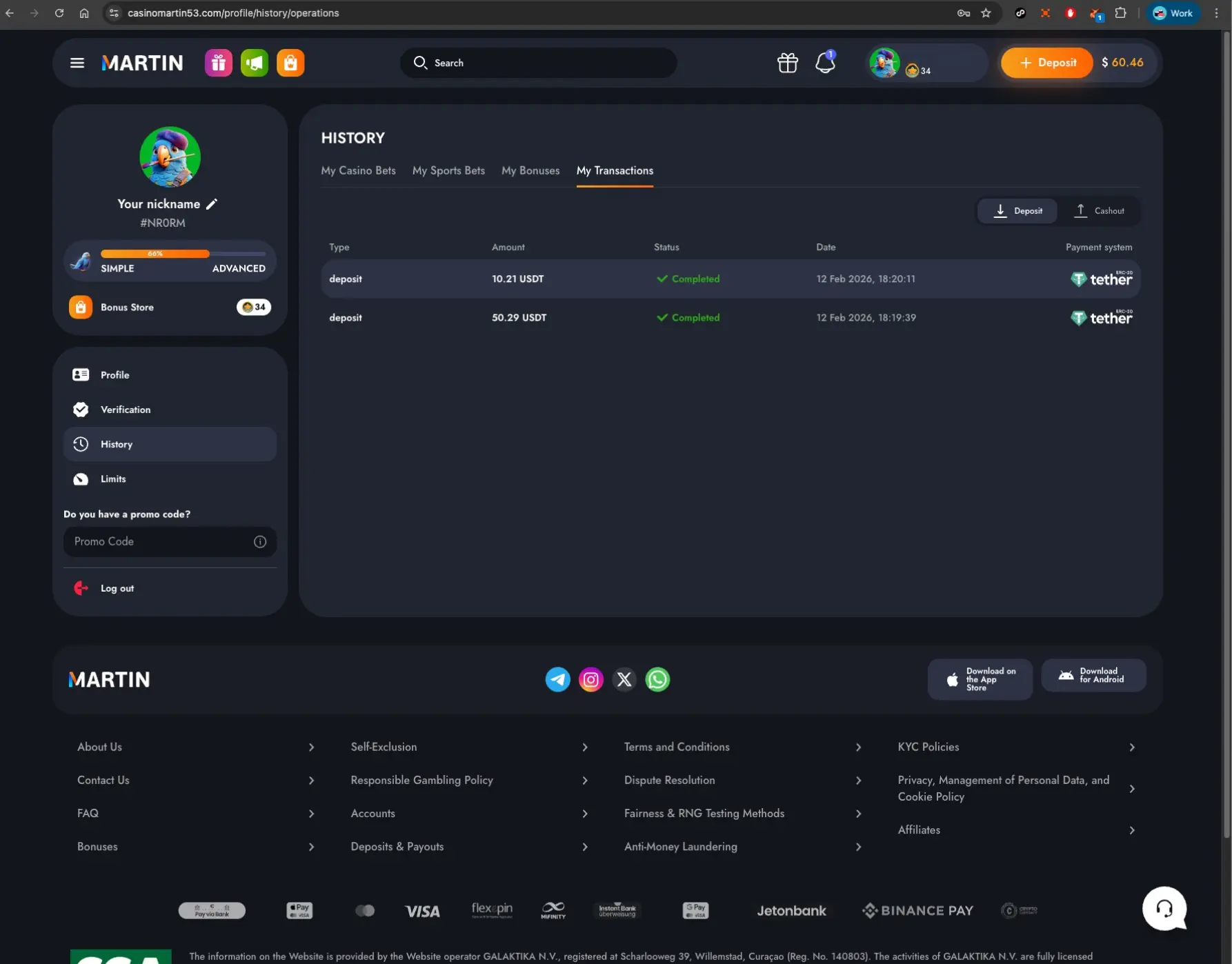 Martin casino transactions screen
