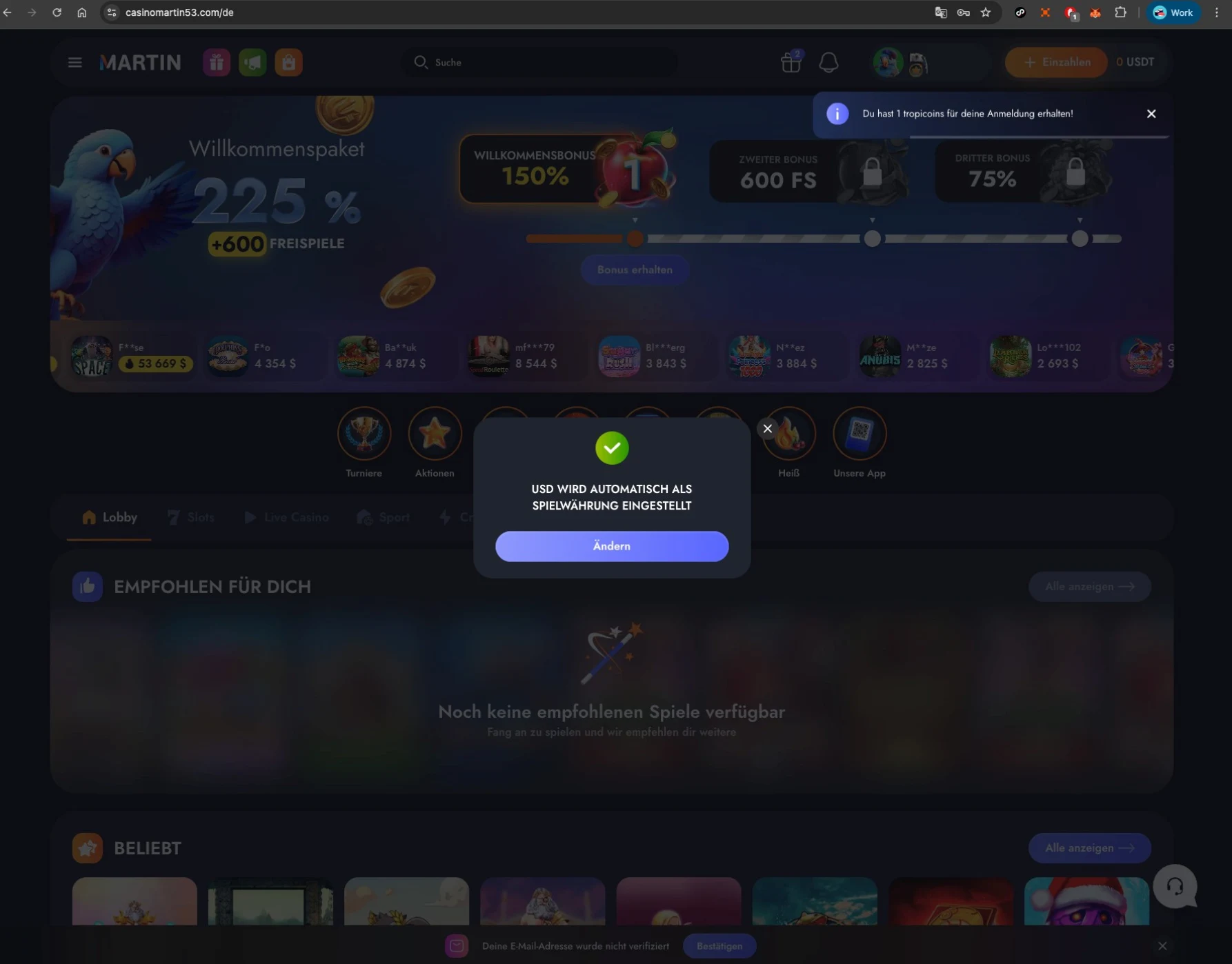 Martin casino game currency change screen