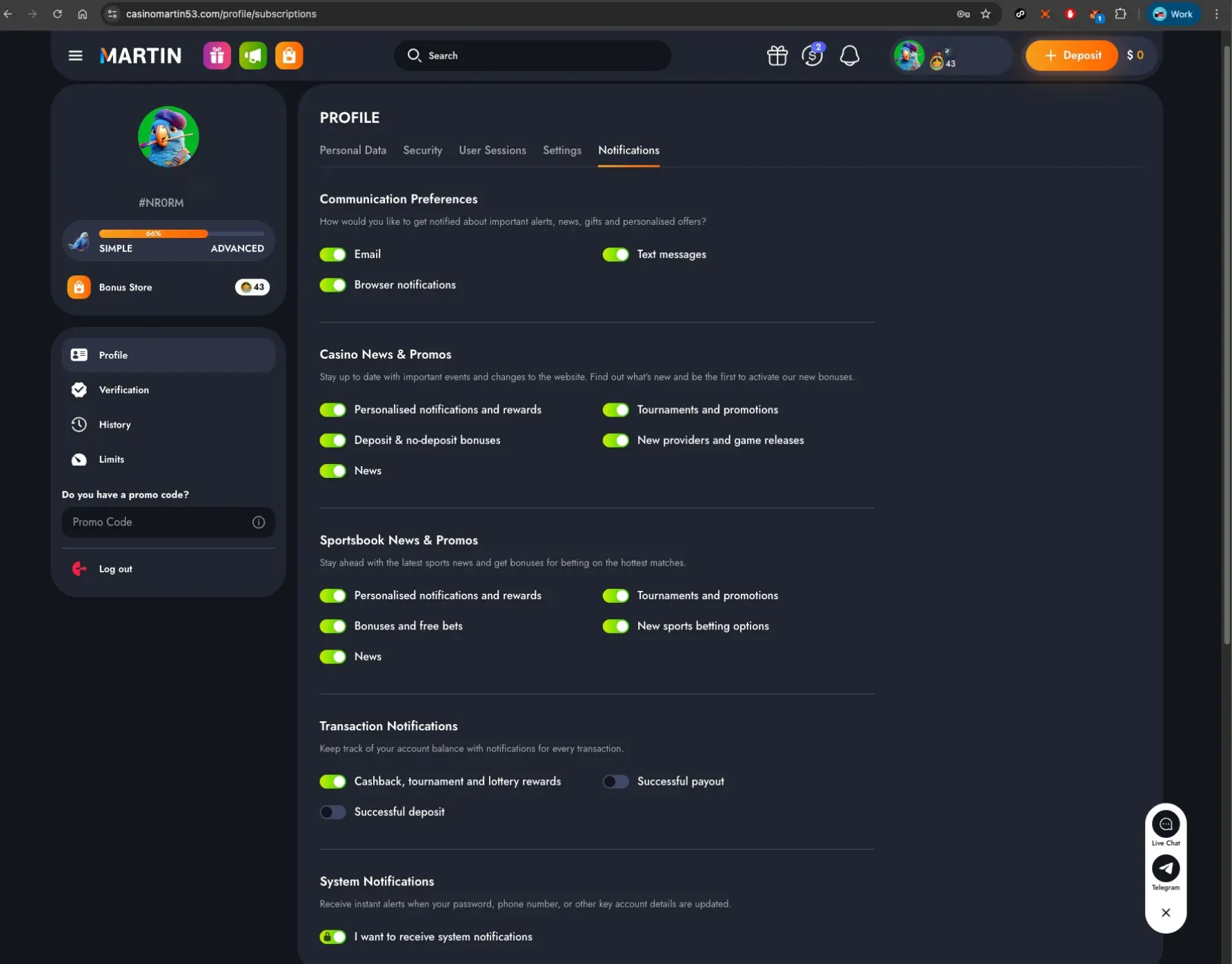 Martin casino subscriptions screen