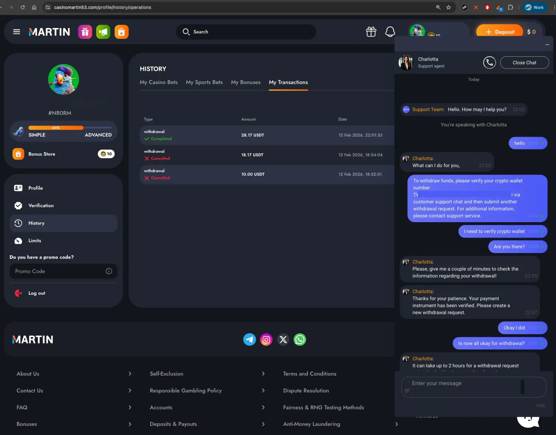 Martin casino withdraw transaction screen with live chat