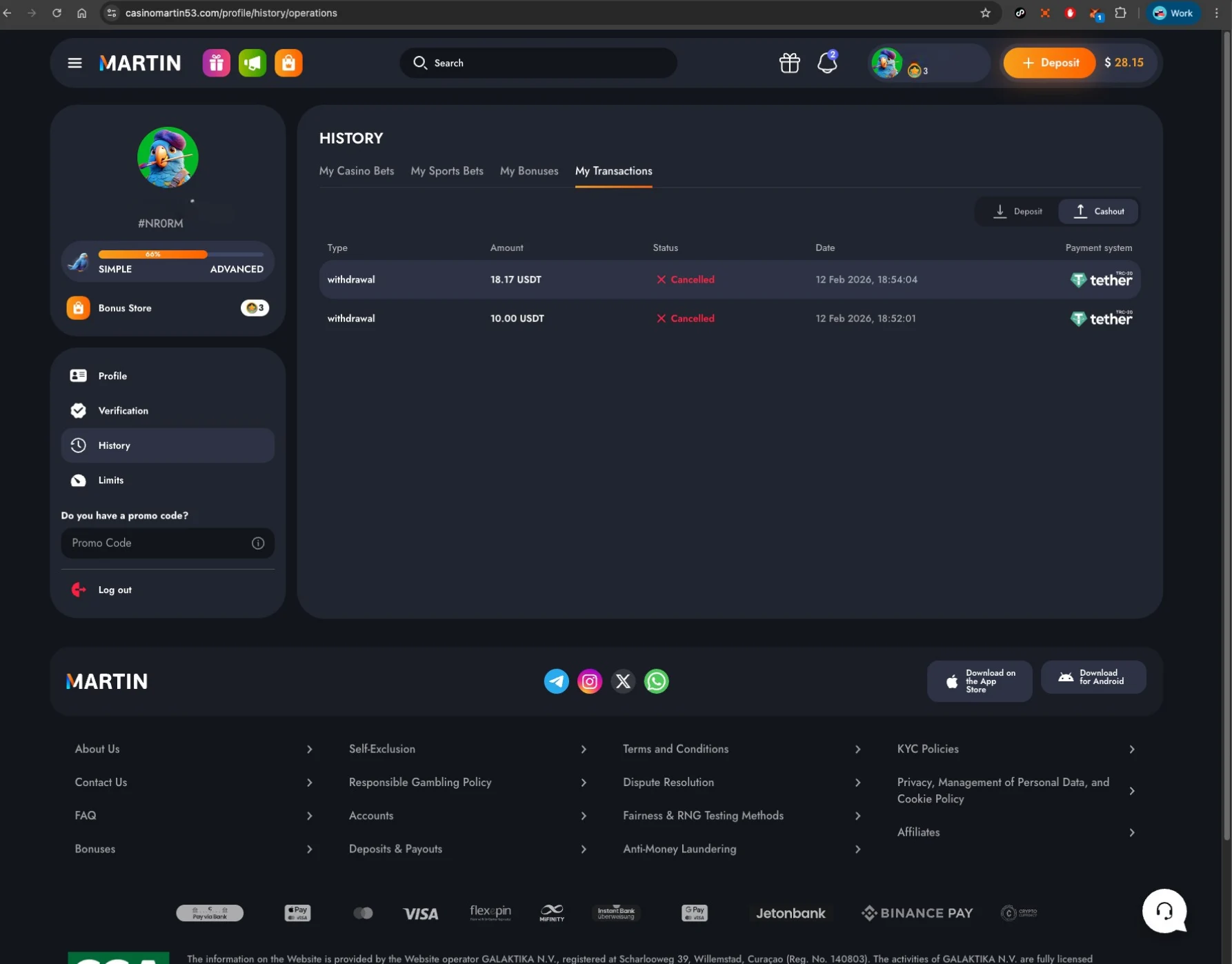 Martin casino withdrawal transactions screen