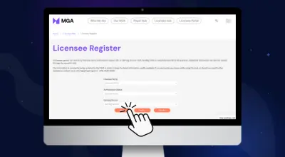 Licensee register page of MGA on a screen with a cursor against a starry setting.