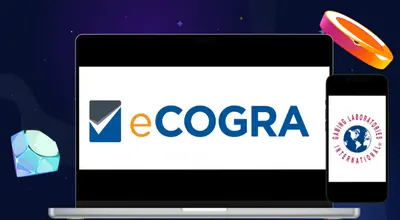 eCOGRA and GLI symbols on a laptop and phone with casino items against a starry setting.