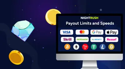 Payout limits and speeds with options on a screen with casino items against a starry setting.