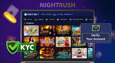 OrionsBet on a laptop with verify and KYC buttons and a golden chip against a starry background.