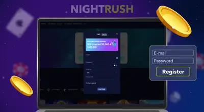 OrionsBet on a laptop with a register button and two golden chips against a starry background.