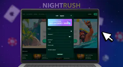 Casino login/register form on a desktop screen with a welcome bonus offer.