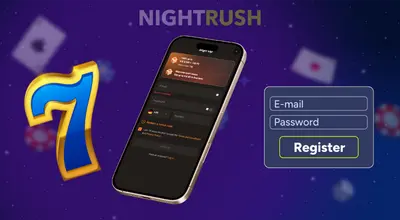 Smartphone displaying a casino registration form next to a large number seven graphic.