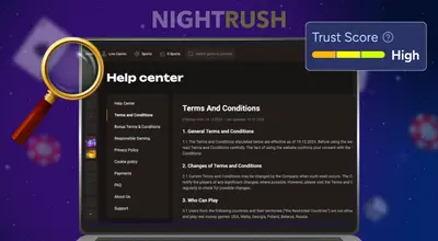 Laptop displaying a casino's Terms And Conditions page with a High Trust Score graphic.