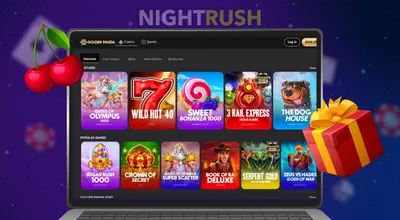 Laptop screen displaying various online casino slot games next to a gift box and cherries.