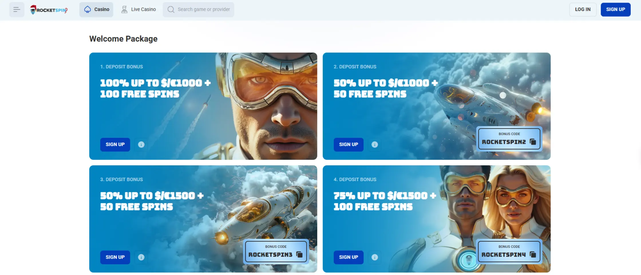 Screenshot of Rocketspin promotions page