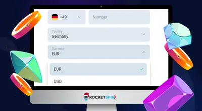 Laptop showing tabs like phone number, country, currency at Rocketspin casino.