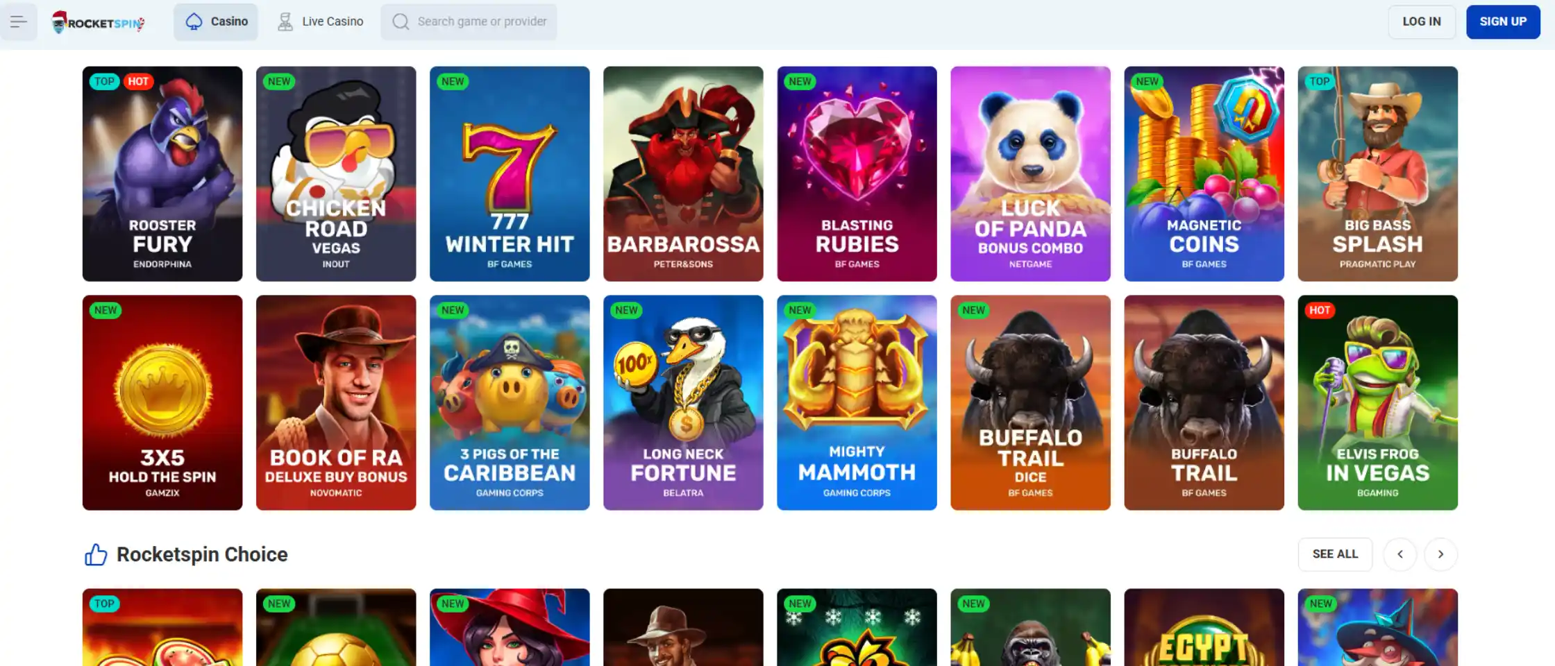 Screenshot of Rocketspin casino's game selection.

