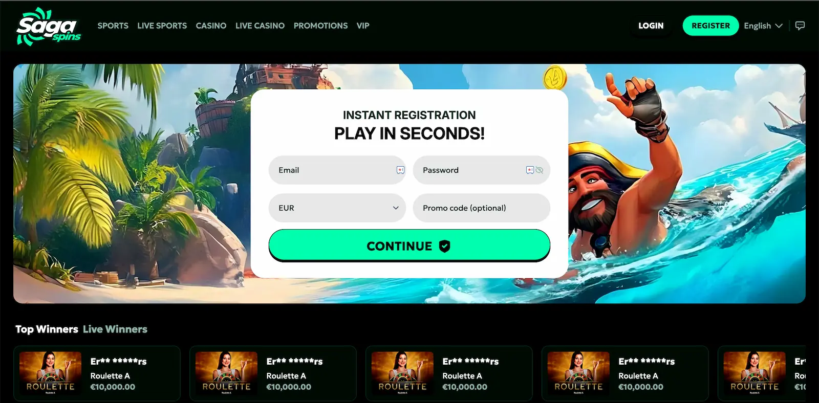Saga Spins Casino homepage.