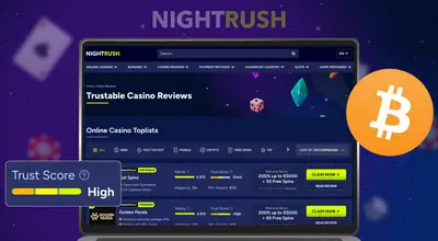 Laptop screen showing Trustable Casino Reviews and Trust Score for Bitcoin casinos.