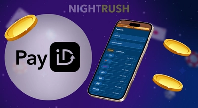 Smartphone displaying casino payment options with the PayID logo and gold coins floating around.