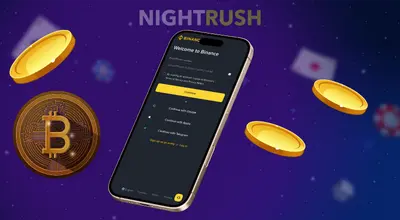 Smartphone displaying the Binance sign-up screen, surrounded by Bitcoin and gold coins.