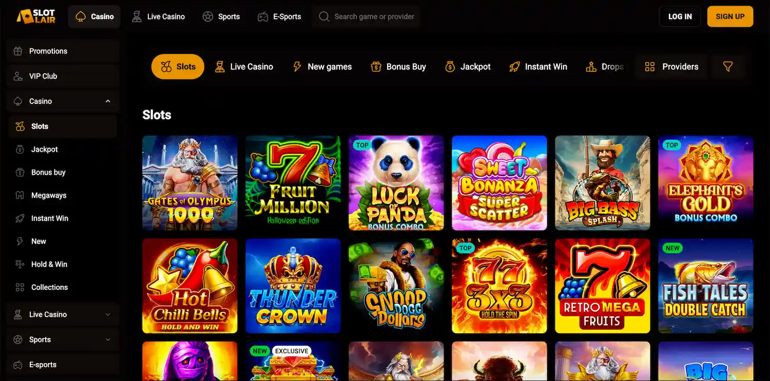 SlotLair Casino game selection.