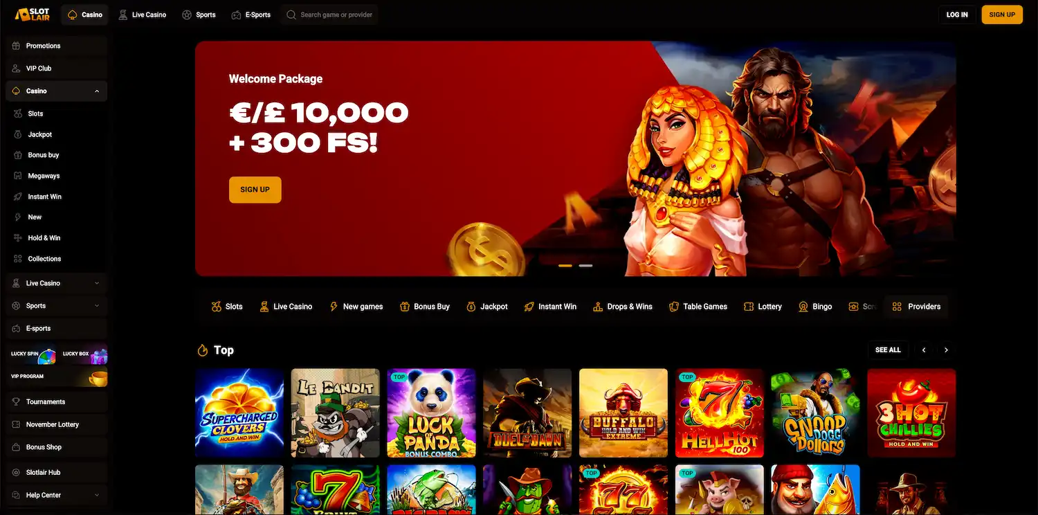 SlotLair Casino homepage.