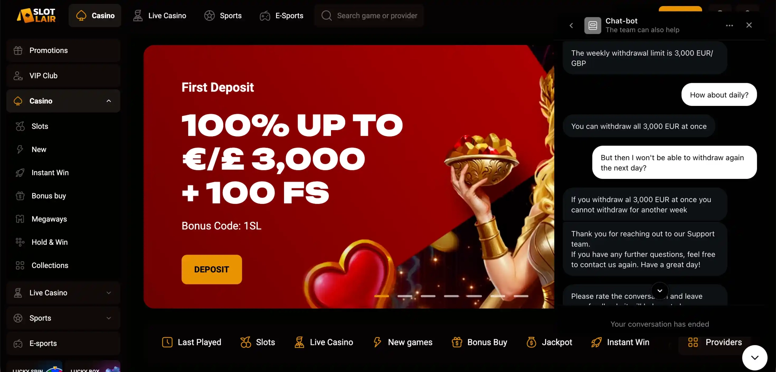 Desktop screen showing SlotLair chatbot confirming a 3,000 EUR/GBP weekly withdrawal limit.