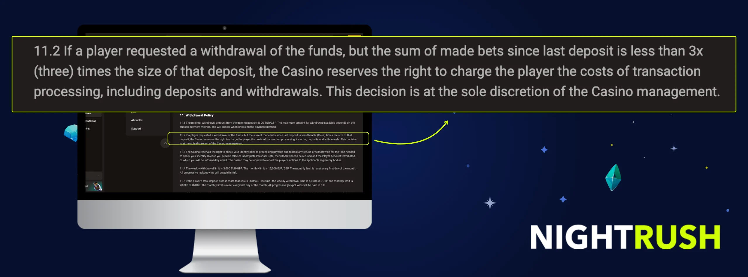 Monitor showing SlotLair terms for 3x deposit wagering to avoid transaction processing fees.