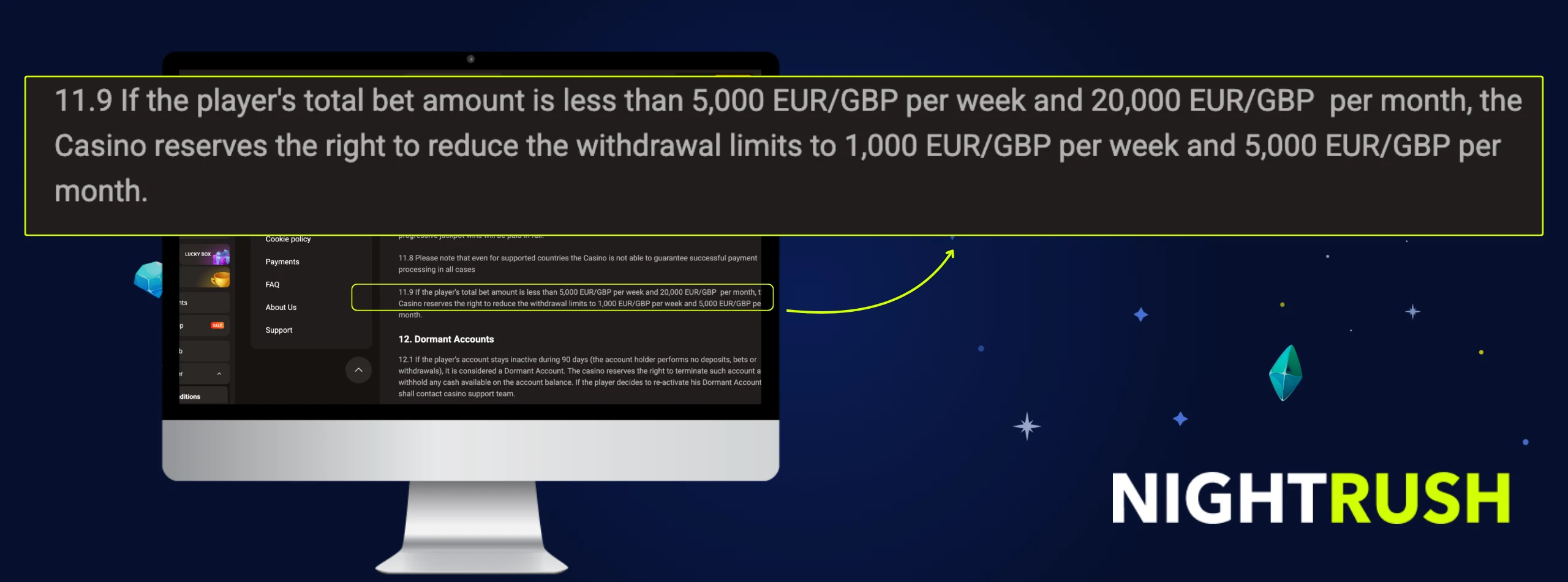 Monitor showing SlotLair terms for reduced withdrawal limits based on low total bet amounts.